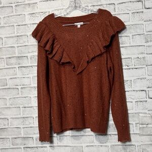 LC Lauren Conrad‎ Ruffled Rust Sweater sparkly scalloped sleeves ruffled size Lg